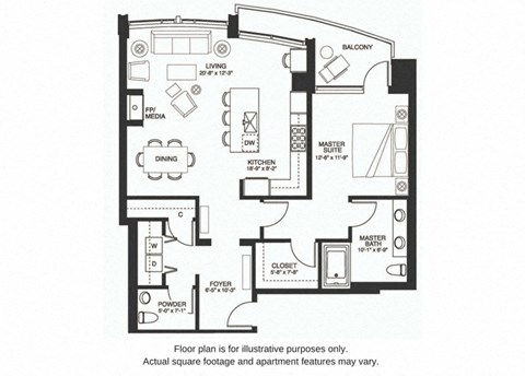 Floor plan for 1 bed, 1.5 baths, 1106 sqft